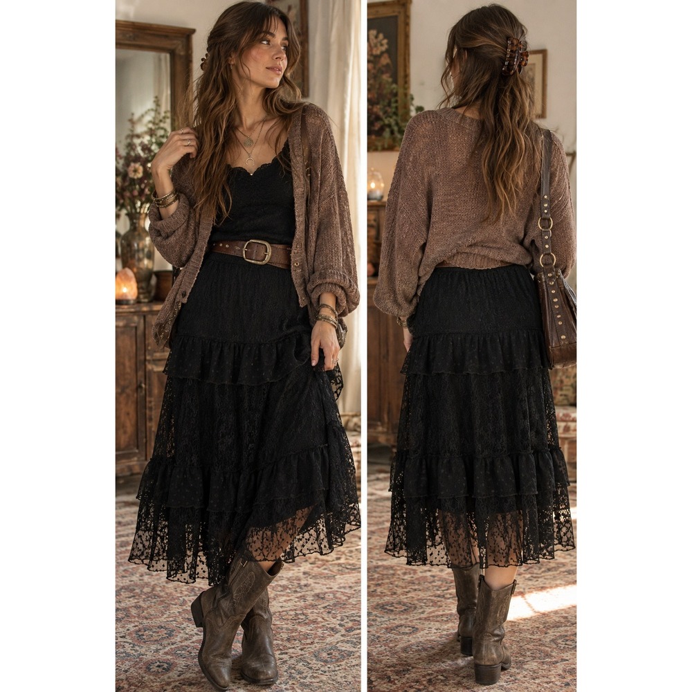 Black Lace Tiered Maxi Skirt Ruffle Boho Western Whimsigoth Fairy Grunge XS